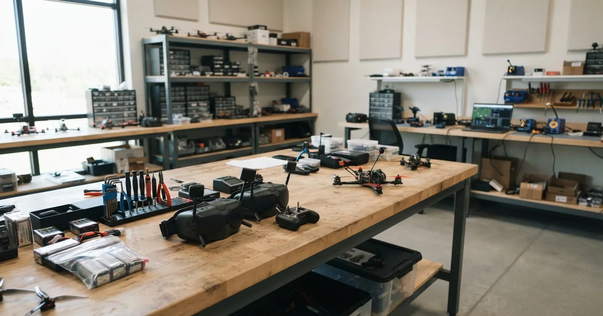 Eine moderne FPV Videobrille auf einem Holztisch mit technischem Zubehör für Einsteiger