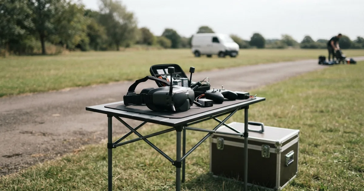 Moderne FPV-Videobrille auf einem Tisch mit Fernsteuerung