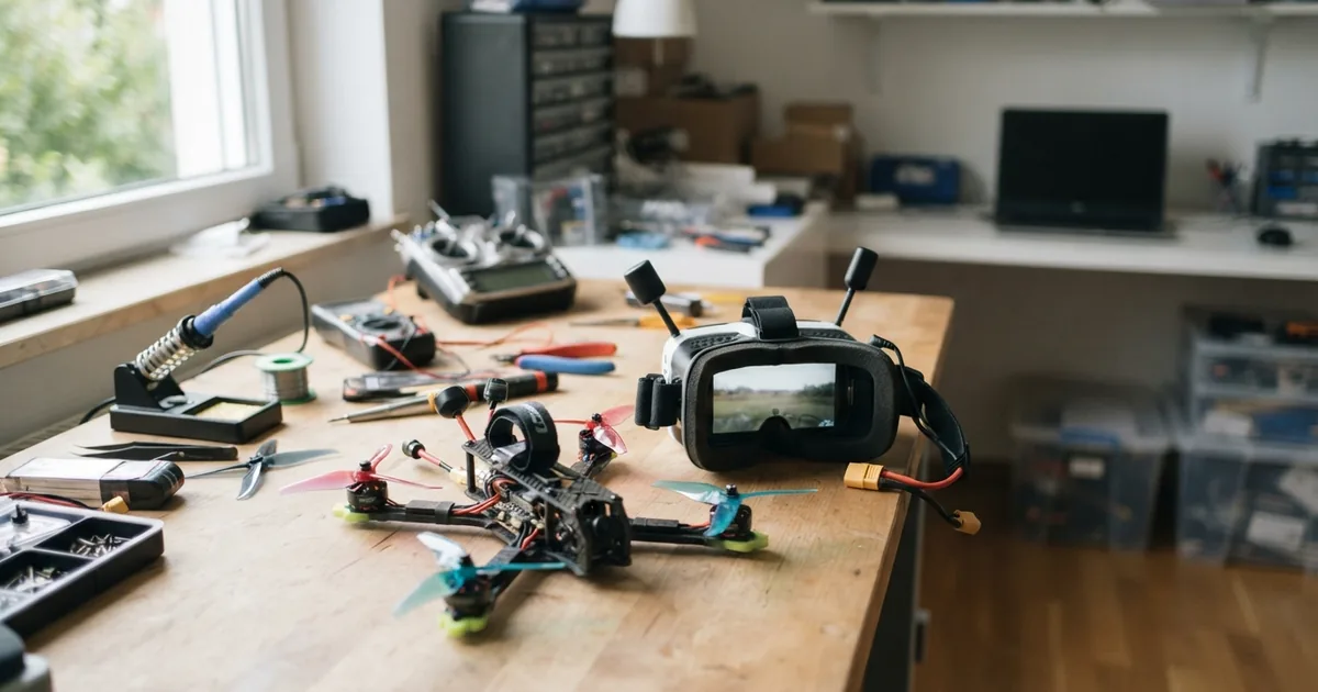 Ein Pilot nutzt eine moderne Videobrille im Freien während eines FPV-Flugs