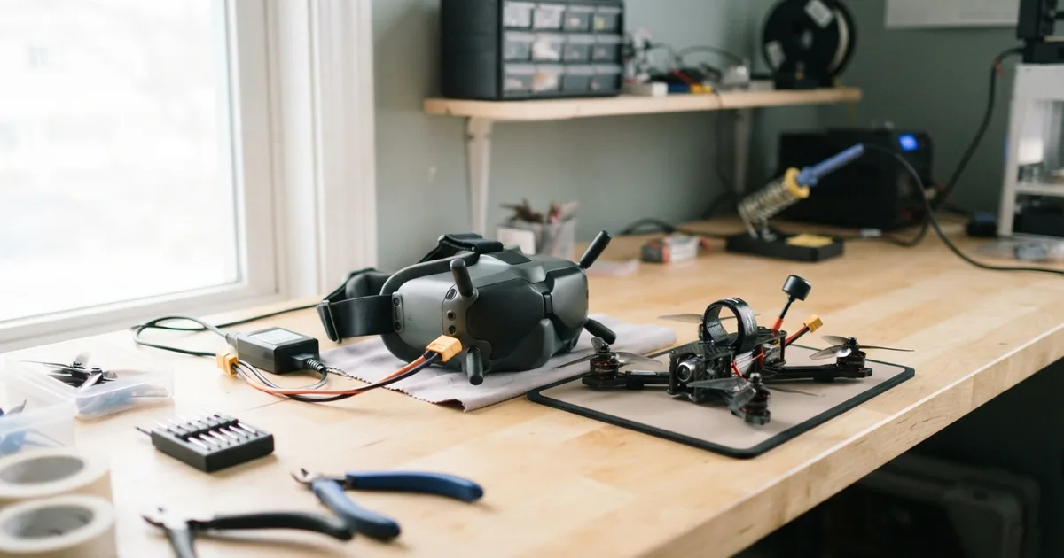 Vergleich verschiedener FPV Brillen Modelle für Einsteiger auf einem Holztisch