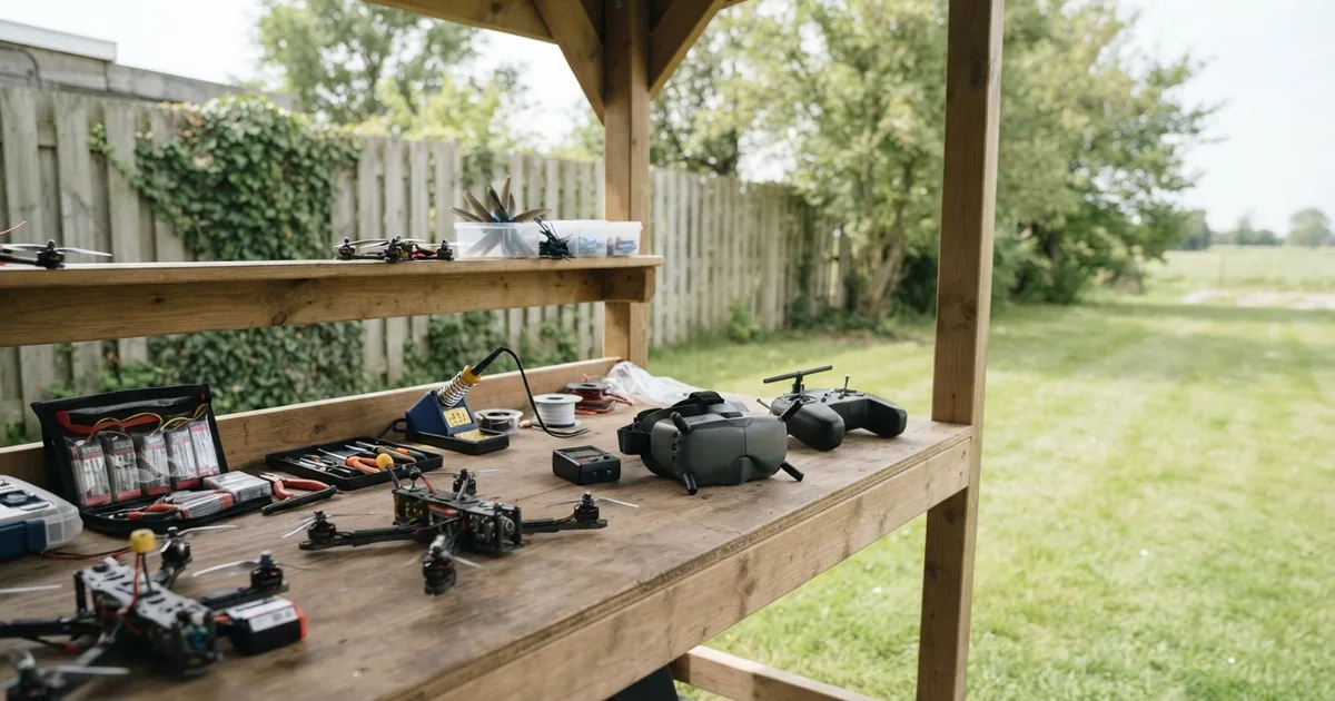 Eine moderne FPV Videobrille auf einem Holztisch mit technischem Zubehör